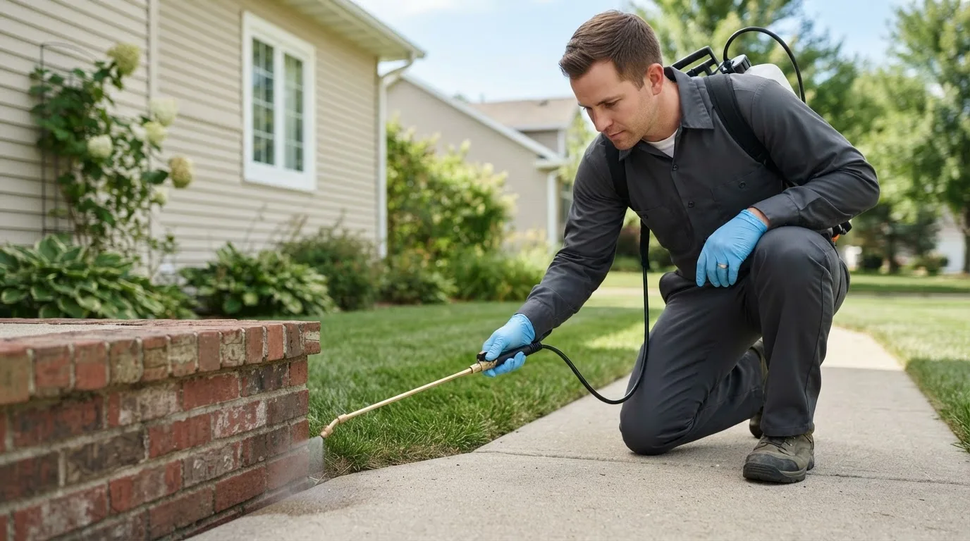 Pest control technician treating a home near East Worcester, NY