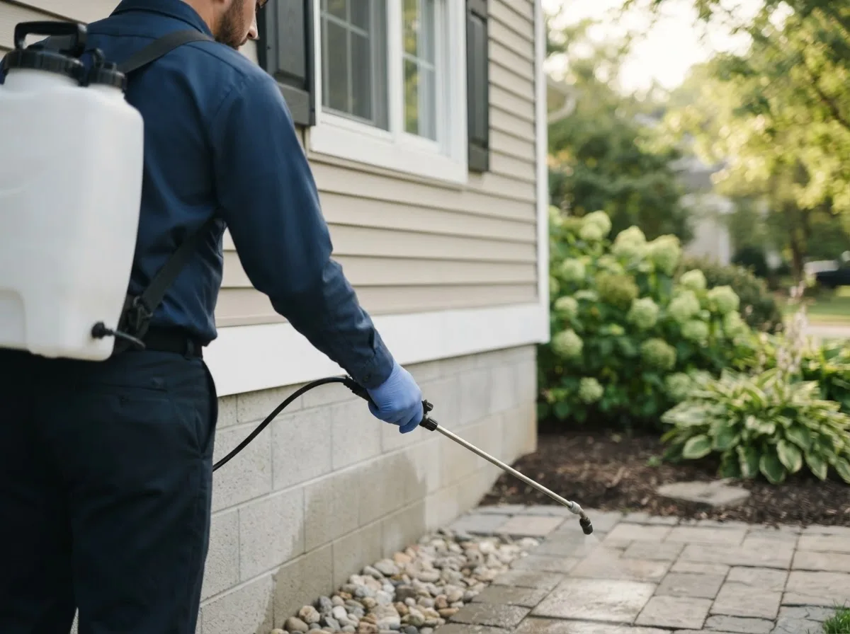 Pest control technician inspecting a home in East Worcester, NY